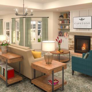 A modern and cozy living room with a fireplace, stylish furniture, and elegant decor.