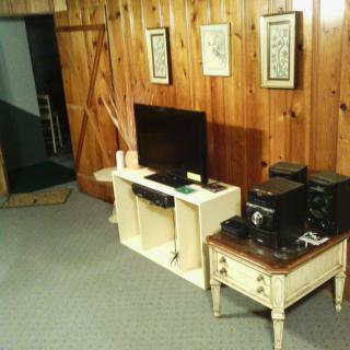 A cozy living room with wood-paneled walls, featuring a television and stereo system on wooden furniture.