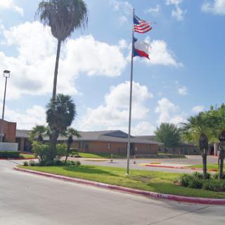 An exterior view of a building with the American and Texas flags flying outside, surrounded by palm trees against a sunny sky.
