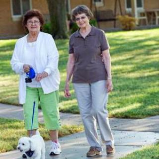 Two women enjoying a leisurely walk with a small dog in a park.