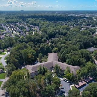 Aerial view of a suburban neighborhood surrounded by dense trees.