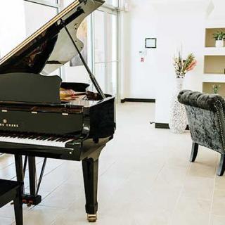 A modern living room with a grand piano and elegant furnishings.