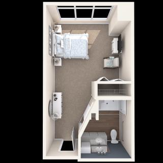 A compact apartment floor plan featuring a bedroom with an adjacent bathroom and closet.