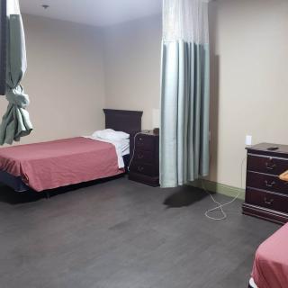 A hospital room with two beds, separated by a privacy curtain, featuring minimalist decor and wooden furniture.