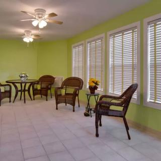 A sunlit room with green walls featuring wicker furniture and large windows adorned with blinds.