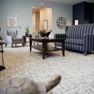 A cozy lobby area featuring comfortable seating, a coffee table, and a tortoise on the carpet.