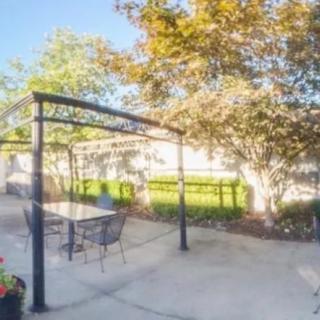 A sunny patio area with a pergola and outdoor furniture surrounded by greenery.