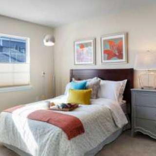 A cozy bedroom with vibrant decor and artwork.