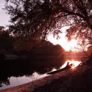 A serene sunset over a river, with a canoe silhouetted under a tree.