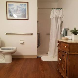 A clean and organized bathroom with a toilet, shower, and wooden vanity.
