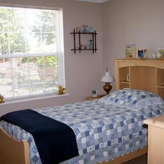 A cozy bedroom with a single bed and natural light coming through the window.