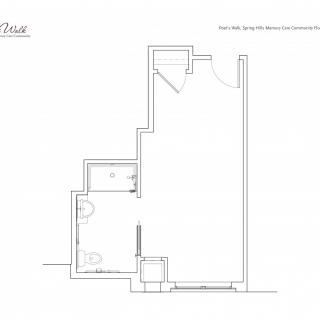 A minimalist floor plan of a small apartment, showing room layout and bathroom area.