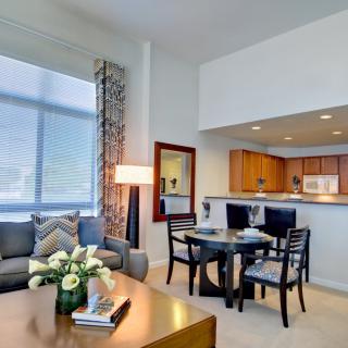 A modern apartment interior featuring a cozy living room, a dining area, and an open kitchen with ample natural light.