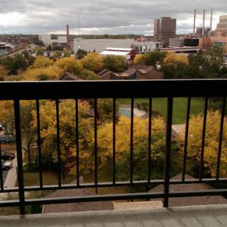 A scenic autumn view from a balcony overlooking a city landscape with colorful trees and a waterfront.