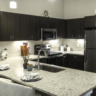 A modern kitchen featuring dark cabinets and stainless steel appliances with a granite countertop.