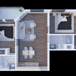 A top-down view of a modern two-bedroom apartment floor plan with a living room, kitchen, and bathroom.