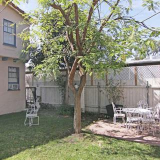 A sunlit backyard with a tree, lawn, and patio furniture beside a house.
