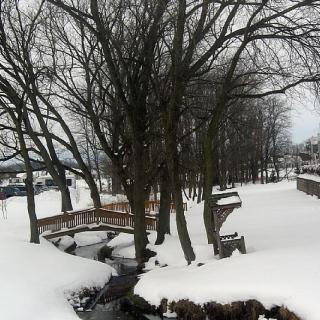 A snowy park scene with leafless trees and a small wooden bridge over a stream.