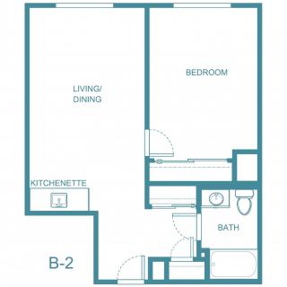 A floor plan of a one-bedroom apartment featuring a living/dining area, kitchen, and bathroom.