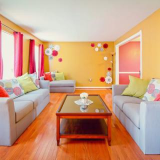 A bright and colorful living room with two sofas, vibrant pillows, and a central coffee table set on a hardwood floor.