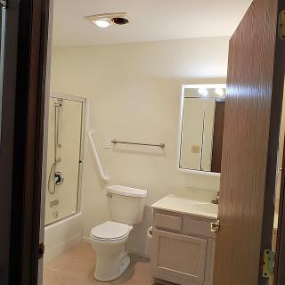 A view of a small bathroom with essential fixtures including a toilet, sink, and shower.