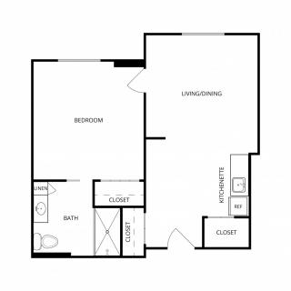 A simple one-bedroom apartment floor plan featuring a living room, kitchen, bathroom, and closet.