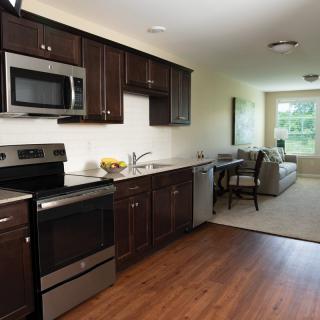 A modern open-concept kitchen with dark wood cabinets and stainless steel appliances leading into a cozy living area.