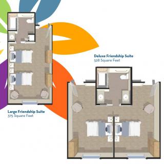 Floor plans of a large friendship suite and a deluxe friendship suite.