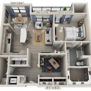 A modern 2-bedroom apartment floor plan with an open concept living area.