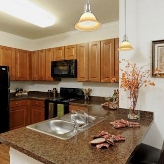 A modern kitchen with wooden cabinets, a double sink, and countertop appliances.