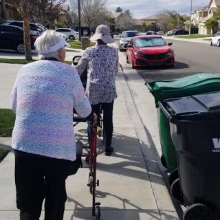 Two elderly individuals walking together in a neighborhood, promoting health and companionship.