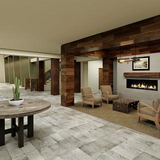 A warm and inviting lobby space featuring a modern fireplace and comfortable seating.