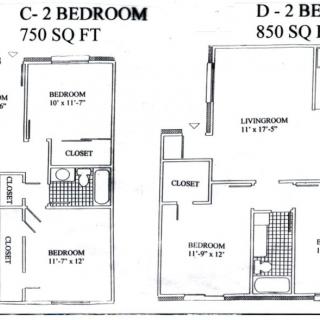 Comparison of C-2 and D-2 two-bedroom apartment floor plans showing layouts and square footage.