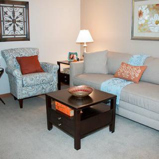 A cozy living room with a beige sofa, patterned armchair, and dark wooden coffee table, accented with colorful cushions and wall art.