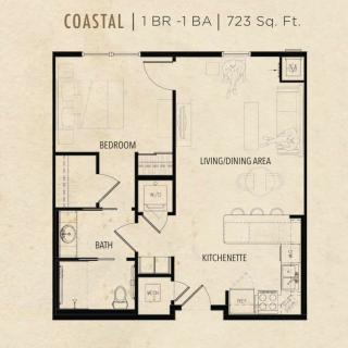 A floor plan of a one-bedroom, one-bathroom apartment measuring 723 square feet.