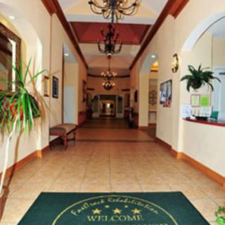 A hotel lobby with a welcoming atmosphere, featuring elegant chandeliers and decorative plants.