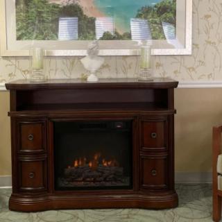 A traditional wooden electric fireplace in a cozy living room setting.