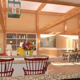 A modern kitchen and dining area featuring wooden beams, colorful chairs, and a centerpiece of flowers on the table.
