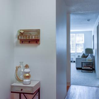 A hallway leading into a cozy living room with stylish decor.