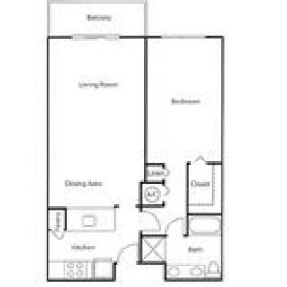 A floor plan of a one-bedroom apartment with a living room, kitchen, bathroom, closet, and balcony.