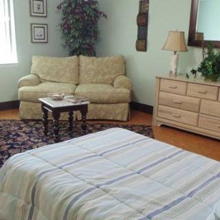 A cozy bedroom with a sofa, dresser, and decorative elements.
