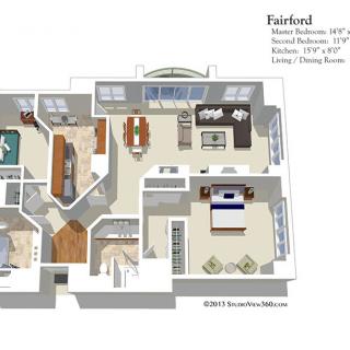 A detailed floor plan of a two-bedroom apartment with labeled rooms including a kitchen, living room, and dining area.