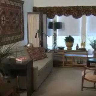A cozy living room with comfortable seating, decorative plants, and a carpet on the wall.