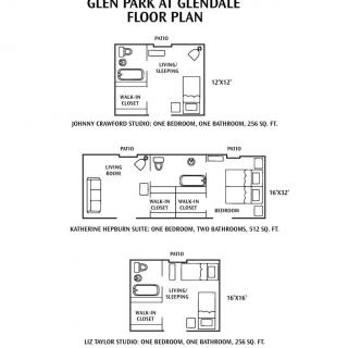 Floor plans for Glen Park at Glendale, detailing layouts for different room configurations.