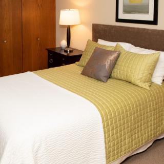 A neatly arranged bedroom with a comfortable bed, pillows, and a bedside lamp.