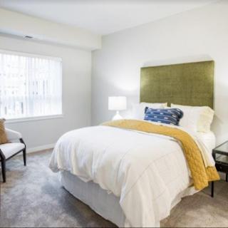 A cozy and modern bedroom featuring soft colors and stylish decor.