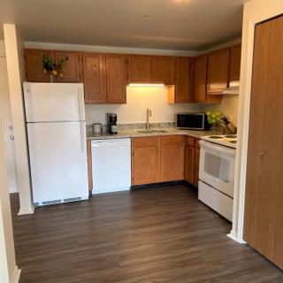 A modern kitchen with wooden cabinets, equipped with a refrigerator, dishwasher, oven, and microwave.
