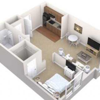3D floor plan of a one-bedroom apartment illustrating living and kitchen areas.