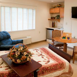 Cozy interior featuring a bedroom area with a kitchenette and comfortable seating.