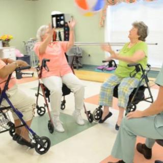 A group of seniors engaging in a physical therapy activity with a beach ball.